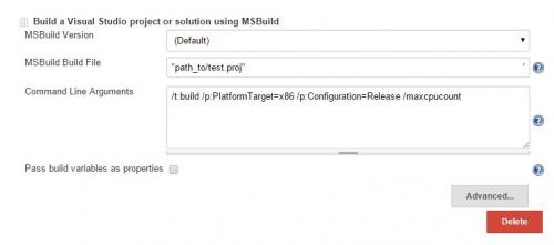 Jenkins MSBuild build-step, con la configuración (predeterminada) msbuild seleccionada