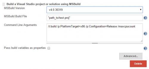Jenkins MSBuild build-step, con la configuración msbuild nombrada seleccionada