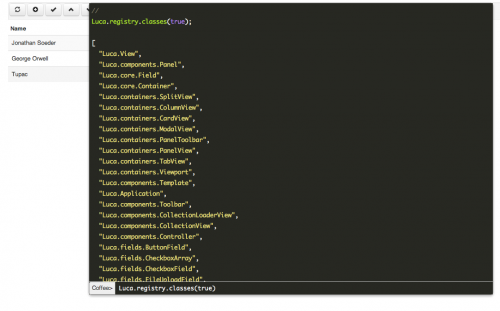 Un ejemplo de Luca en la consola de desarrollo de navegador con tecnología de CoffeeScript