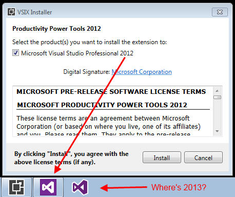 No hay opción de Visual Studio 2013 en la instalación de Herramientas eléctricas de productividad