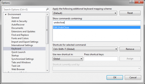 Editar.Comando UndoClose en Visual Studio 2013 a través de Productivity Power Tools 2013