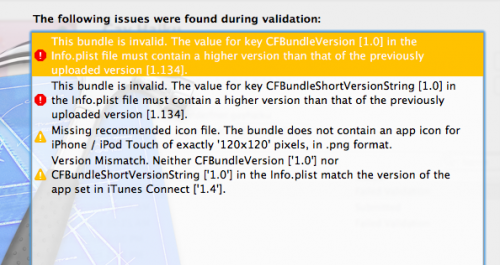 Xcode Organizer Validator error: debe incrementar el número de versión.