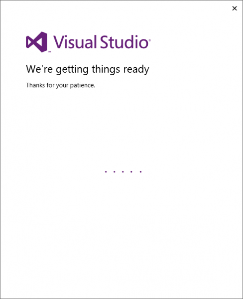 captura de pantalla de la ventana que dice " Visual Studio - Estamos preparando las cosas-Gracias por su paciencia."con cinco puntos como indicador de progreso
