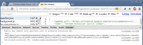 Captura de pantalla: Clave pública (pegar en manifiesto.json para preservar el ID de extensión) crxviewer.js: 528" key":"....", crxviewer.js: 529 Calculated extension ID: jifpbeccnghkjeaalbbjmodiffmgedin