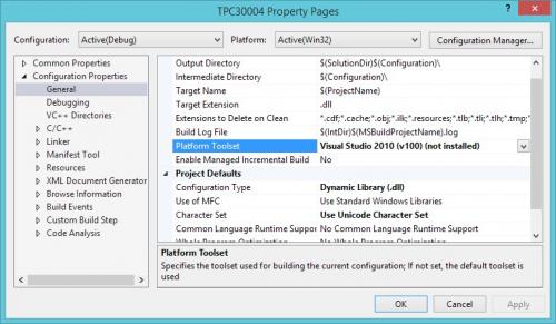 Propiedades del proyecto con Platform Toolset establecido en Visual Studio 2010 (v100) (no instalado)