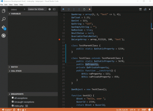 Captura de pantalla: Depuración de PHP en VSCode usando la extensión vscode-php-debug
