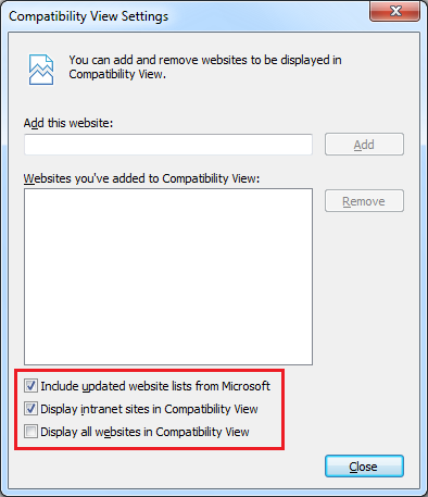 IE Compatibilidad Ver Configuración diálogo