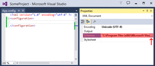 Captura de pantalla de Visual Studio que muestra dónde encontrar y cambiar la propiedad "Esquemas" de su .archivo de configuración< / code >